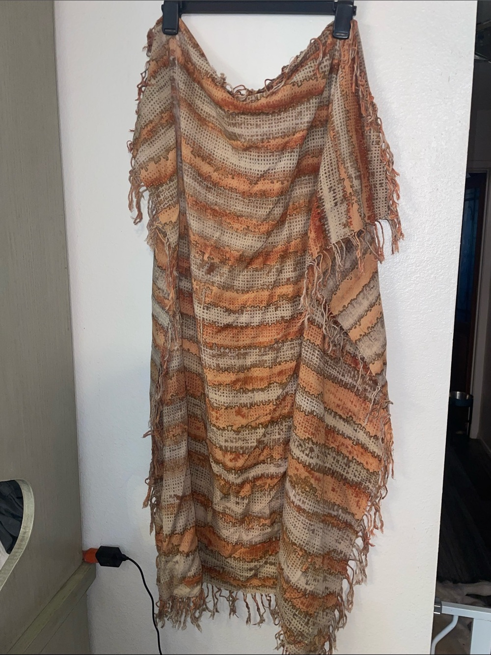 Striped Fringe Knit Wrap Scarf in Rust and Cream